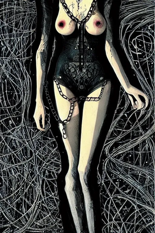 Image similar to dreamy gothic girl, black leather slim clothes, chains, underwater, beautiful body, detailed acrylic, grunge, intricate complexity, by dan mumford and by alberto giacometti, peter lindbergh