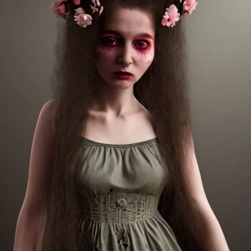 Image similar to 8 k, octane render, realism, tonalism, renaissance, rococo, baroque, cotton candy, portrait of a creepy young lady wearing long 1 9 7 0 s babydoll dress with flowers and skulls