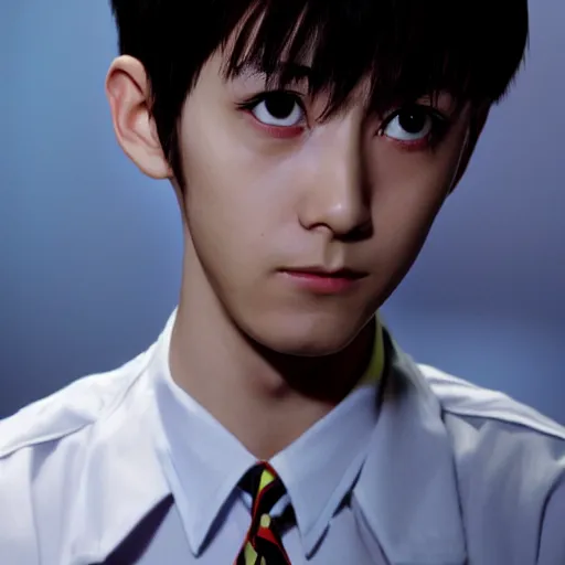 Prompt: Shinji Ikari from Neon Genesis Evangelion, live action, portrait shot,