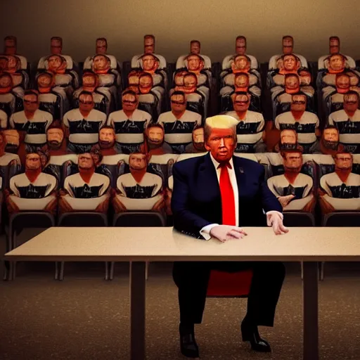 Prompt: “Donald trump sitting at a prison table surrounded by convicts in orange jumpsuits, he looks sad and afraid, realistic, detailed portrait, 4K, octane render”