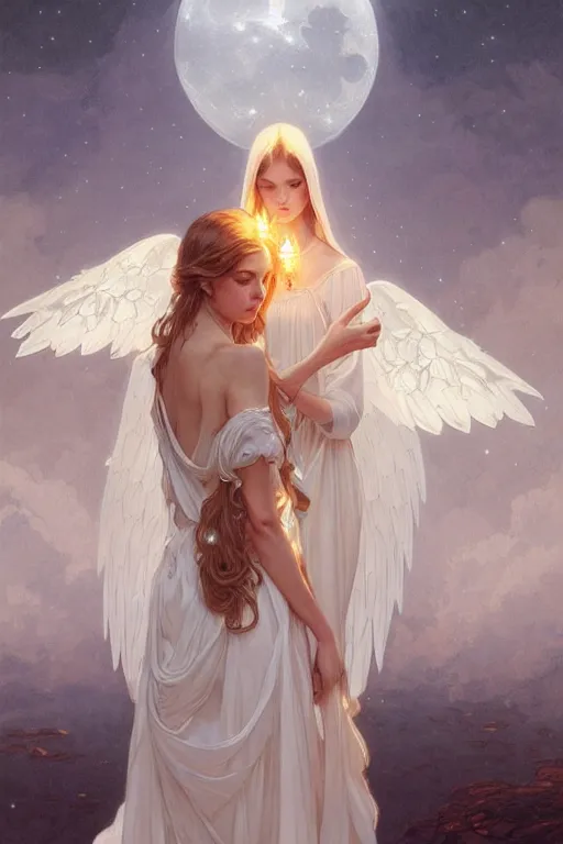 Image similar to Angels in white gauze dresses, the glow of the moonlight, fantasy, intricate, elegant, highly detailed, digital painting, artstation, concept art, matte, sharp focus, illustration, art by Artgerm and Greg Rutkowski and Alphonse Mucha