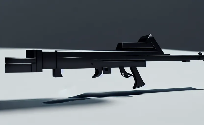 Image similar to futuristic submachine gun on a smooth white table, design concept art, minimalist, studio lighting, 3d render, octane render