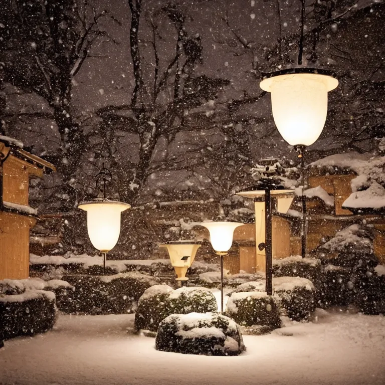 Prompt: a snowy japanese courtyard at night illuminated by globe lamps