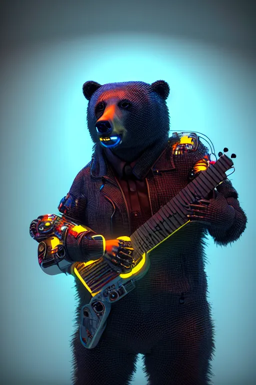 Image similar to high quality 3 d render cyborg bear! plays a cyberpun guitar, cyberpunk highly detailed, unreal engine cinematic smooth, in the style of blade runner, hannah yata charlie immer, moody light, low angle, uhd 8 k, sharp focus