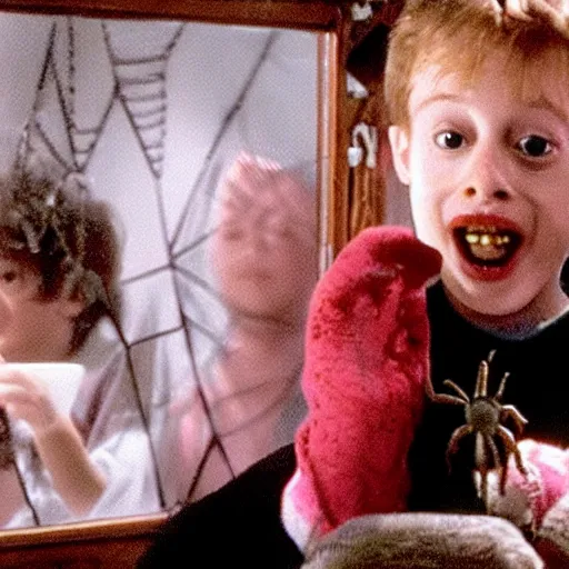Prompt: kevin from movie home alone sitting in a basement and all body covered by spider webs