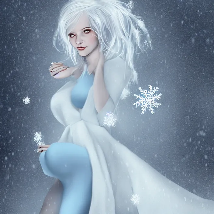 Image similar to full body portrait of a woman with pale blue hair wearing a covering white dress made out of snowflake in the middle of a heavy snowstorm. pale, sickly looking. digital art by maromi sagi