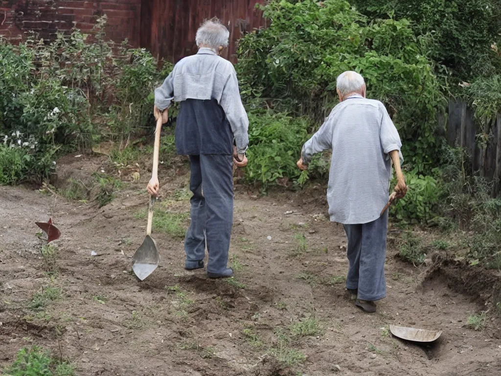 Prompt: old man appears carrying a shovel. he's also carrying a fish. then i remember, the fish in the pond died yesterday, and he's going to bury it. old woman had seen the neighbour burying their pet cat and thought that it was the thing to do.