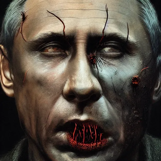 Prompt: face of vladimir putin made of maggots horror, dark fantasy, intricate, highly detailed, smooth, artstation, painted by wayne barlowe, greg rutkowski, zdislav beksinski, francis bacon