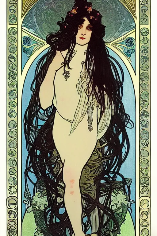 Prompt: a cute goth girl by Alphonse Mucha, art nouveau, card, 8k