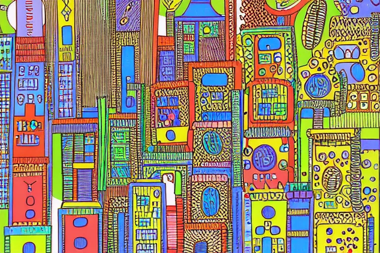 Image similar to an elaborate penned child illustration of a colorful intricate connected city of tubes and pipes, by martin handford and by jan van haasteren