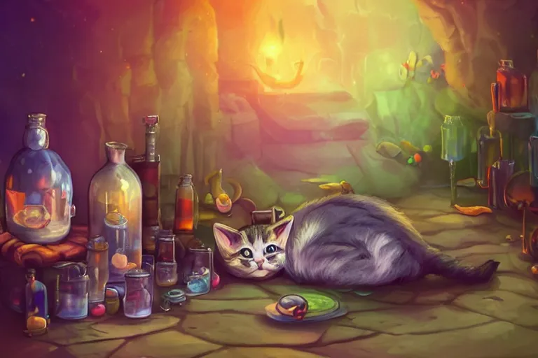 Image similar to adorable kitten curled up asleep amidst potion bottles, 8k resolution matte fantasy painting, warm lighting, bokeh, DeviantArt Artstation, by Lisa Ravenscroft and Ross Tran and Lisa Frank and Tony DiTerlizzi