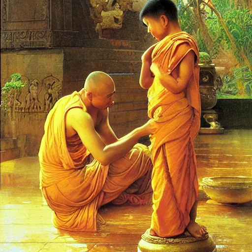 Image similar to old srilankan buddhist monk pouring liquid gold into buddhist monk kid head baroque style, painting by gaston bussiere, craig mullins, j. c. leyendecker, lights, art by ernst haeckel, john william godward, hammershøi,