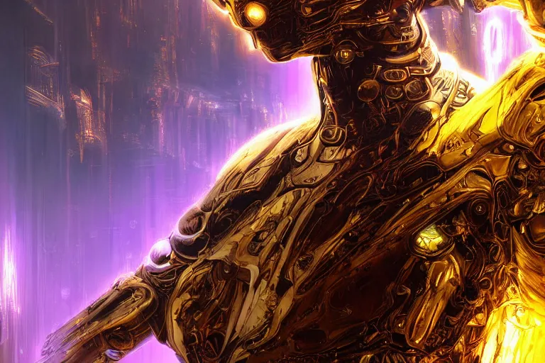 Image similar to portrait sci-fi art by Moebius and Ruan Jia and Daniel McGarry, a glowing alien liquid metal orb floating above the hand of a soldier, solar flares, futuristic environment, detailed and intricate environment, fractal biomech, cyberpunk, neon color, purple bioluminescence, gold and black metal, dramatic lighting, cinematic, high technology, highly detailed portrait, digital painting, artstation, concept art, smooth, sharp focus, ilustration, Artstation HQ