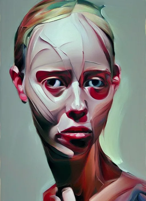 Prompt: an oil painting of an emotional female by simon birch, lines and movement and motion, enigmatic and ectoplasmic figure, aesthetically pleasing and harmonious colors