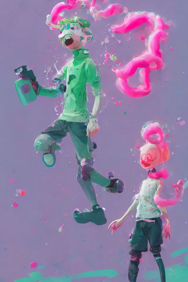 Prompt: a beautiful fullbody portrait of a cute happy splatoon boy with pink hair and green eyes wearing sports clothing tight leggings. character design by cory loftis, fenghua zhong, ryohei hase, ismail inceoglu and ruan jia. artstation, volumetric light, detailed, photorealistic, fantasy, rendered in octane