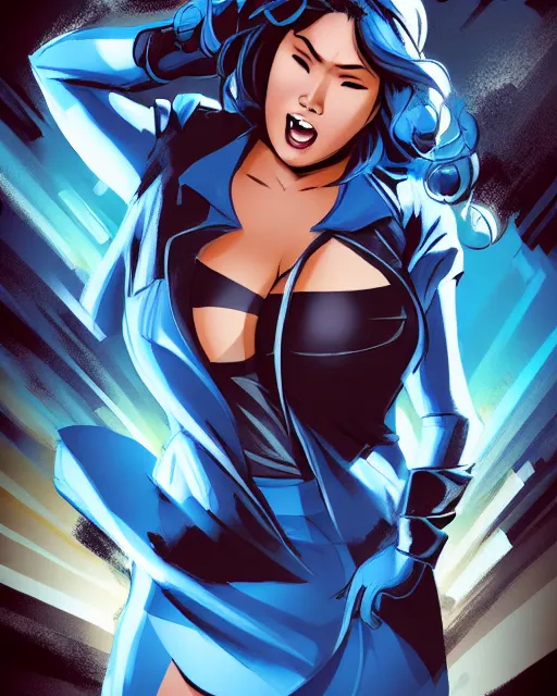 Prompt: thick chubby filipina superhero, long black trench coat, sly grin, fully clothed, exaggerated perspective, flying toward camera, beautiful detailed face, bright blue hair, action pose, comic book style, highly detailed, dynamic shadows, dynamic lighting, geoff johns, jason fabok, jason fabok, brad anderson, splash art