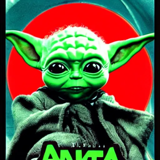 Prompt: baby yoda in batman forever, movie poster art