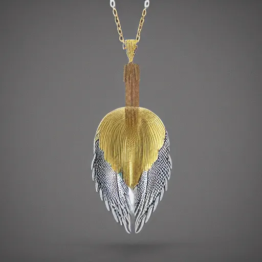 Image similar to 3 d silver and gold 2 tone necklace, on box chain, pendant is androgynous anatomical angel with 6 wings covered in eyes in a flying pose with 5 fingered hands on each side in a pose, casted in both silver and gold, high quality render, jewelry photography, octane render, studio lighting, ray traced