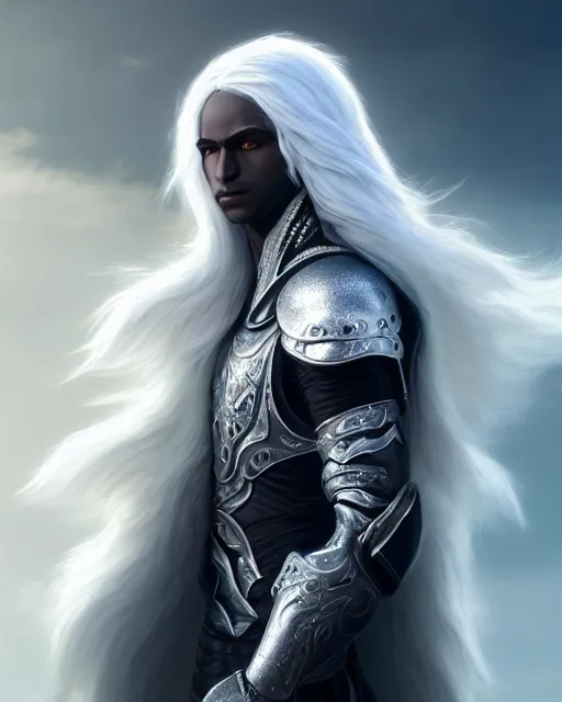 Image similar to portrait, beautiful male drow, long wavy white hair, super detailed, light black armor with silver accenting, silver jewelry, fur lined cape, 8 k, filmic, octane render, sunlight, clouds, artstation, greg rutkowski, rossdraws, william bouguereau, sharp focus