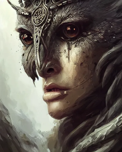 Prompt: half human half owl woman warrior, hyper realistic face, beautiful eyes, fantasy art, in the style of greg rutkowski, intricate, hyper detailed, smooth