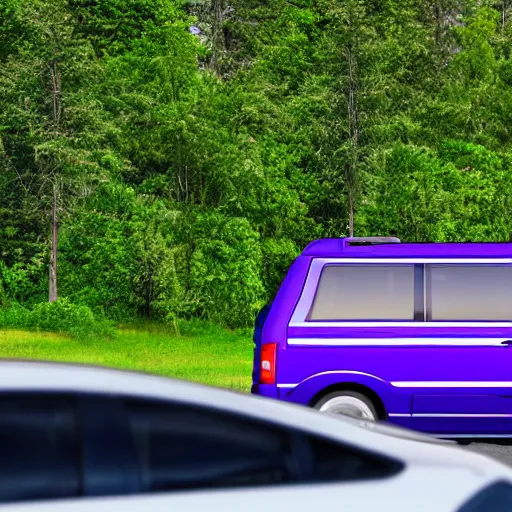 Image similar to white minivan driving away from a purple tornado