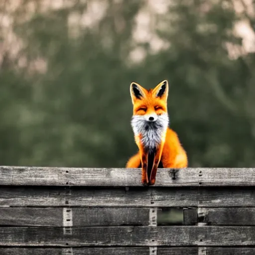 Image similar to one fox sitting ontop a wooden fence at night