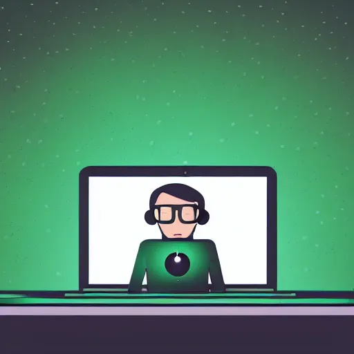 Prompt: computer nerd sitting in a dark room in front of laptop computer, green computer glow on face, digital illustration, illustration, detailed, symmetrical face,