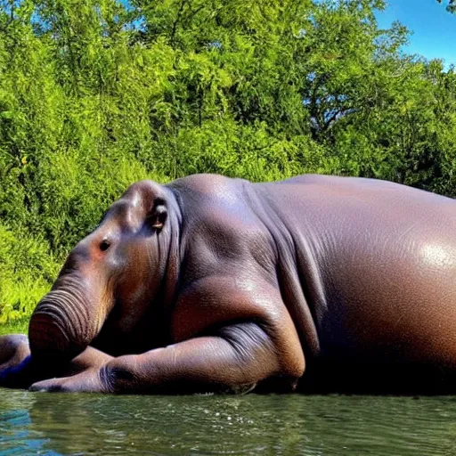 Prompt: big sir is a sexy hippo / elephant hybrid monster lounging in an idyllic hot spring with sun rays coming through the trees