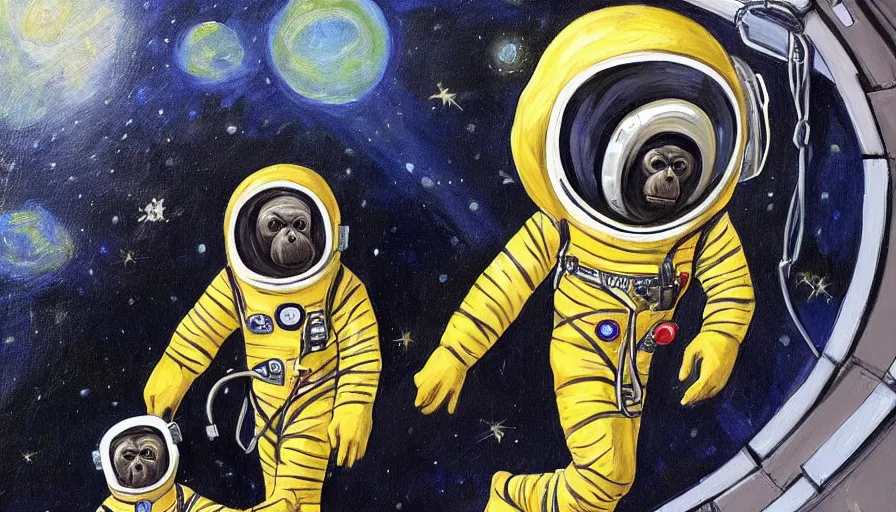 Prompt: Two Apes in 70s Spacesuits Hold hands inside a Hallway on a spaceship, High Quality Painting