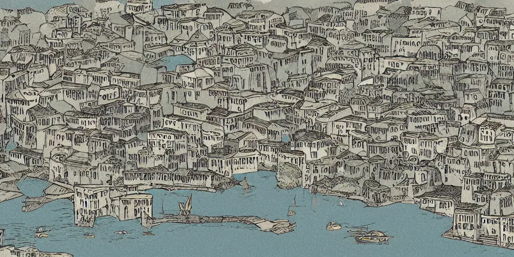 Image similar to Illustration, single long narrow huge ancient city on a narrow sky high bridge, over water, really long, all buildings on bridge