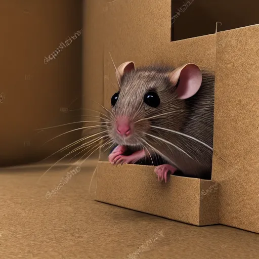 Image similar to photorealistic brown rat crawling out of a cardboard box in a basement
