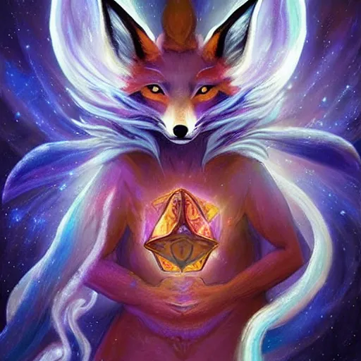 Image similar to a painted avatar portrait of an awesome cosmic powerful anthropomorphic kitsune fox mage themed around death and the stars and the cosmos, in the style of dnd beyond avatar portraits, beautiful, artistic, elegant, lens flare, magical, lens flare, nature, realism, stylized, art by jeff easley