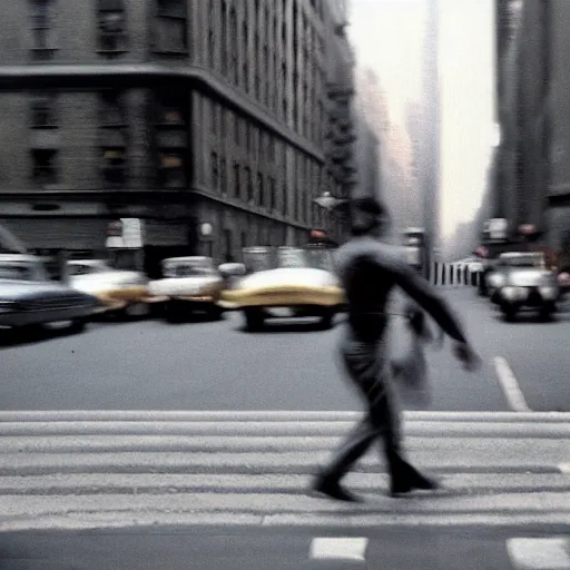 Prompt: analog motion blur street photography in new york, 1 9 6 0 s, photographed on expired film, medium format detailed photograph