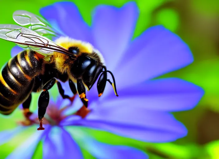 Image similar to super macro of a mechatronic bee drinking from a flower in the forest. fantasy magic cyberpunk style. highly detailed 8 k. intricate. nikon d 8 5 0 3 0 0 mm. award winning photography.