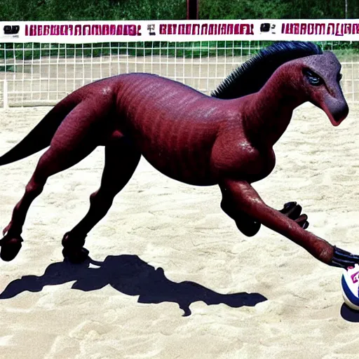 Image similar to a horse and a velociraptor playing volleyball