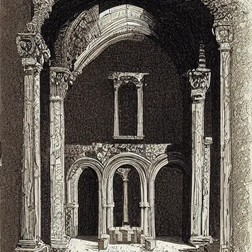 Image similar to ruins of a medieval throne room with all seats replaced by people encased in crystal, perspective from the entrance, dark, handdrawn