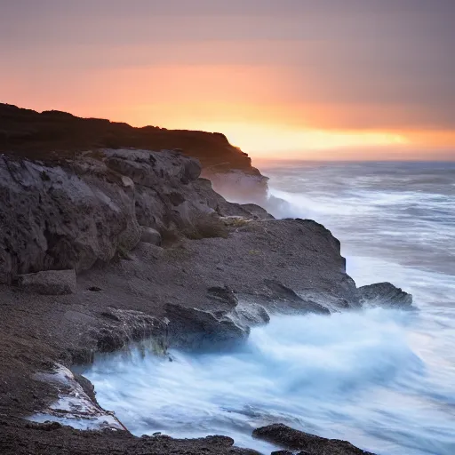 Prompt: dawn over a lonely rocky coast.. crashing breakers. light levels 4 0 %