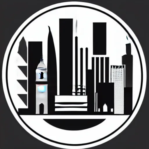 Image similar to a perfect circle, the outer edge of the circle is hugged by the silhouette of a city skyline, black and white, minimalist, in the style of a line drawing