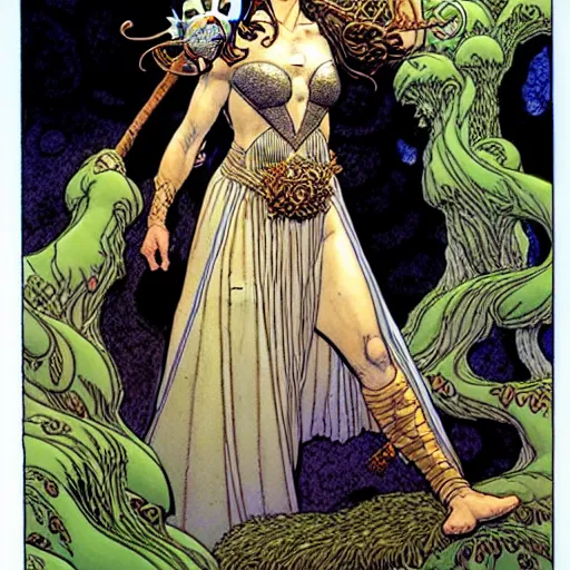 Image similar to a portrait of natalie portman as a druidic wizard by rebecca guay, michael kaluta, charles vess and jean moebius giraud