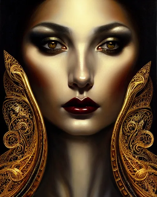 Image similar to portrait of a beautiful goddess, enigmatic beauty, dominant shades of black, gold, silver, dark red, white, head in focus, fantasy art, ornamental aesthetics, intricate, elegant, highly detailed, hyperrealistic painting, artstation, concept art, painterly, sharp focus, illustration, art by karol bak