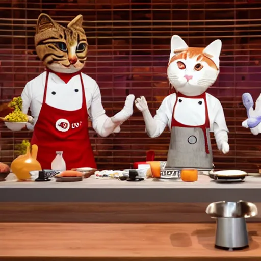 Image similar to anthropomorphic cats competing at masterchef TV show, studio shot