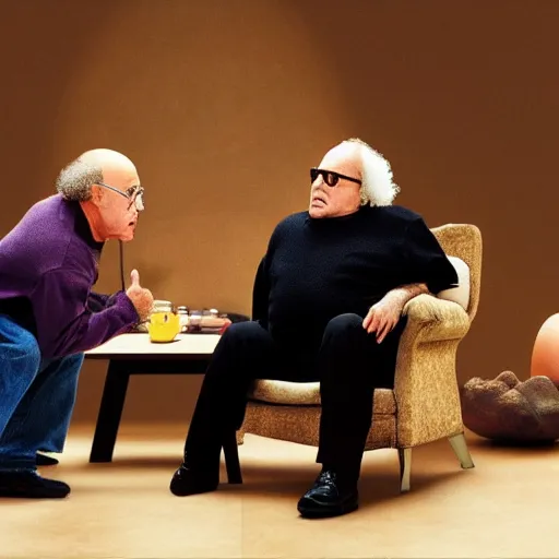 Image similar to danny devito and larry david fighting over a chair shaped like an egg, renaissance still life painting, masterpiece, realistic light and shadow