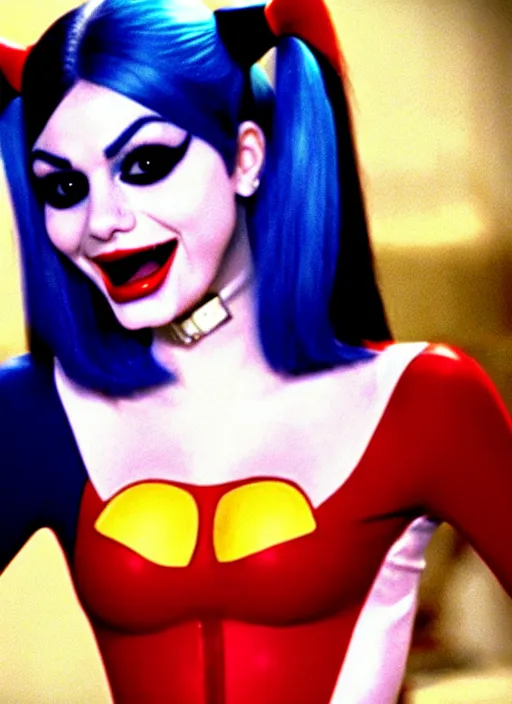 Image similar to a film still of victoria justice as harley quinn from a year nineteen - seventy - two italian giallo film about furbys.