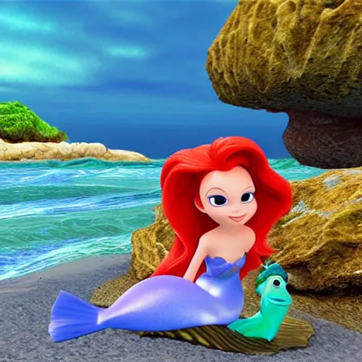 Prompt: the little mermaid fishing on the beach, 3D by pixar studio