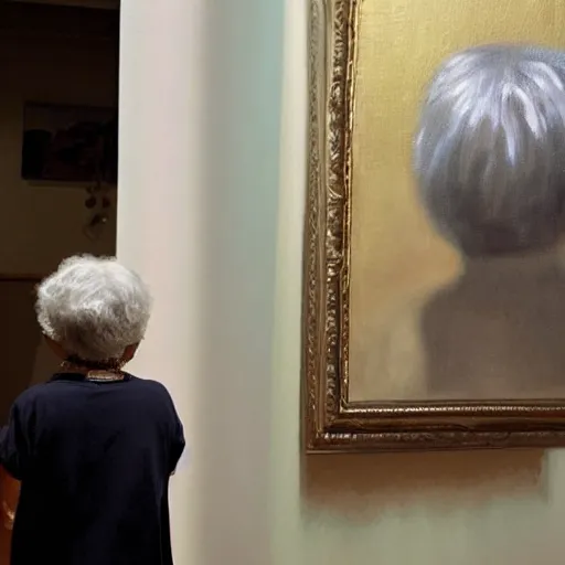 Image similar to old woman staring at a painting of her younger self