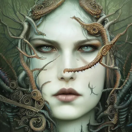 Image similar to curiosities soft paint of a single beautiful warrior in full gothic armor, stunning photorealist eyes, symmetry accurate features, eyeballs, vegetation tentacles, dense volumetric fog, focus, very intricate ultrafine details, gloomy colors, award winning masterpiece, tom bagshaw artstyle