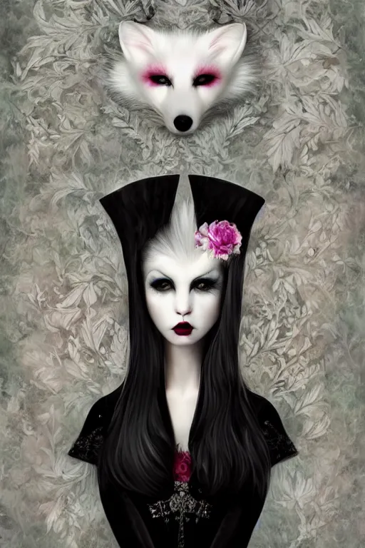 Prompt: vampire white fox, flowerpunk, painterly, by Natalie Shau