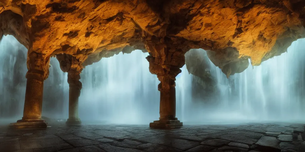 Image similar to a fantasy elven hall interior in the style of a waterfall cave, huge Greek columns, wet floors, high ceiling, dark moody lighting, foggy atmosphere, bright colors, photo by Denis Villeneuve, low angle view