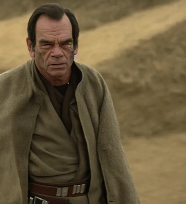 Image similar to tommy lee jones in star wars, movie still frame, hd, remastered, movie grain, cinematic lighting