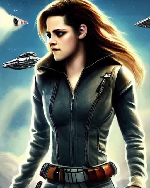 Image similar to kristen stewart ( from twilight ) portraying a beautiful jaina solo from star wars legends, beautiful kristen stewart jaina solo as a rogue squadron pilot, without lightsaber, movie, hyper realistic, hollywood promotional image, imax, 8 k